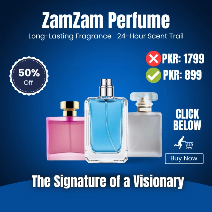High-converting perfume ad design focused on 50% discount triggers and price anchoring to maximize instant sales. This creative was engineered to drive massive traffic and high ROAS for e-commerce fragrance brands.