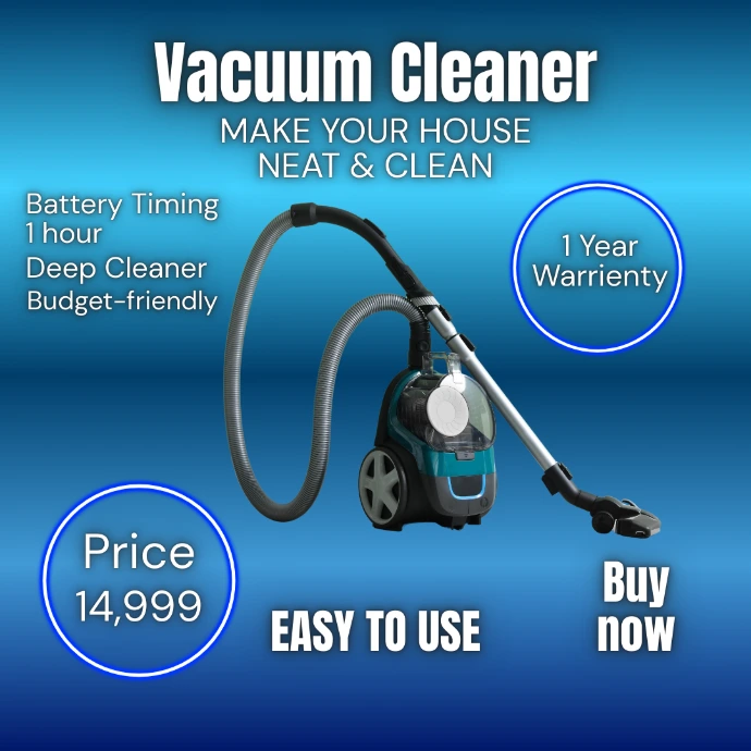 High-suction vacuum cleaner ad highlighting a 1-hour battery life and budget-friendly pricing for home cleaning solutions. Designed with clear feature callouts and an easy-to-use interface to drive maximum e-commerce conversions.